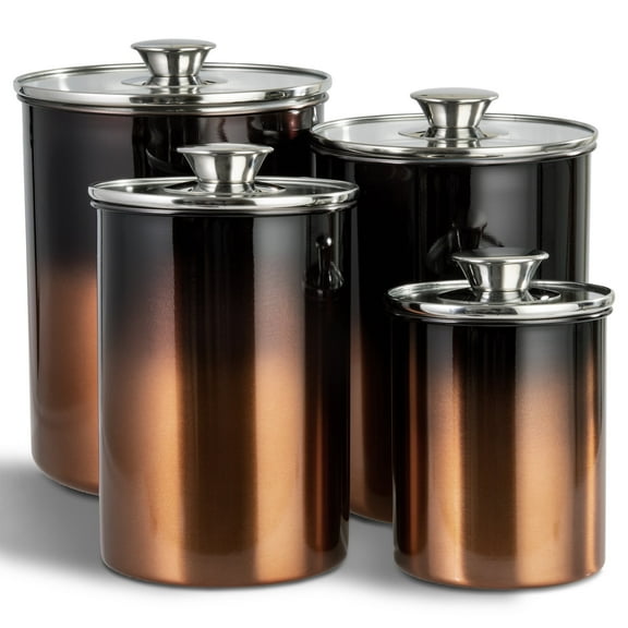 malmo Stainless Steel Food Canister Set of 4-Piece Airtight Containers with Glass Lid for Tea CoffeeSugarFlourPantry Kitchen Storage Storeroom Counter, Copper-black Gradient
