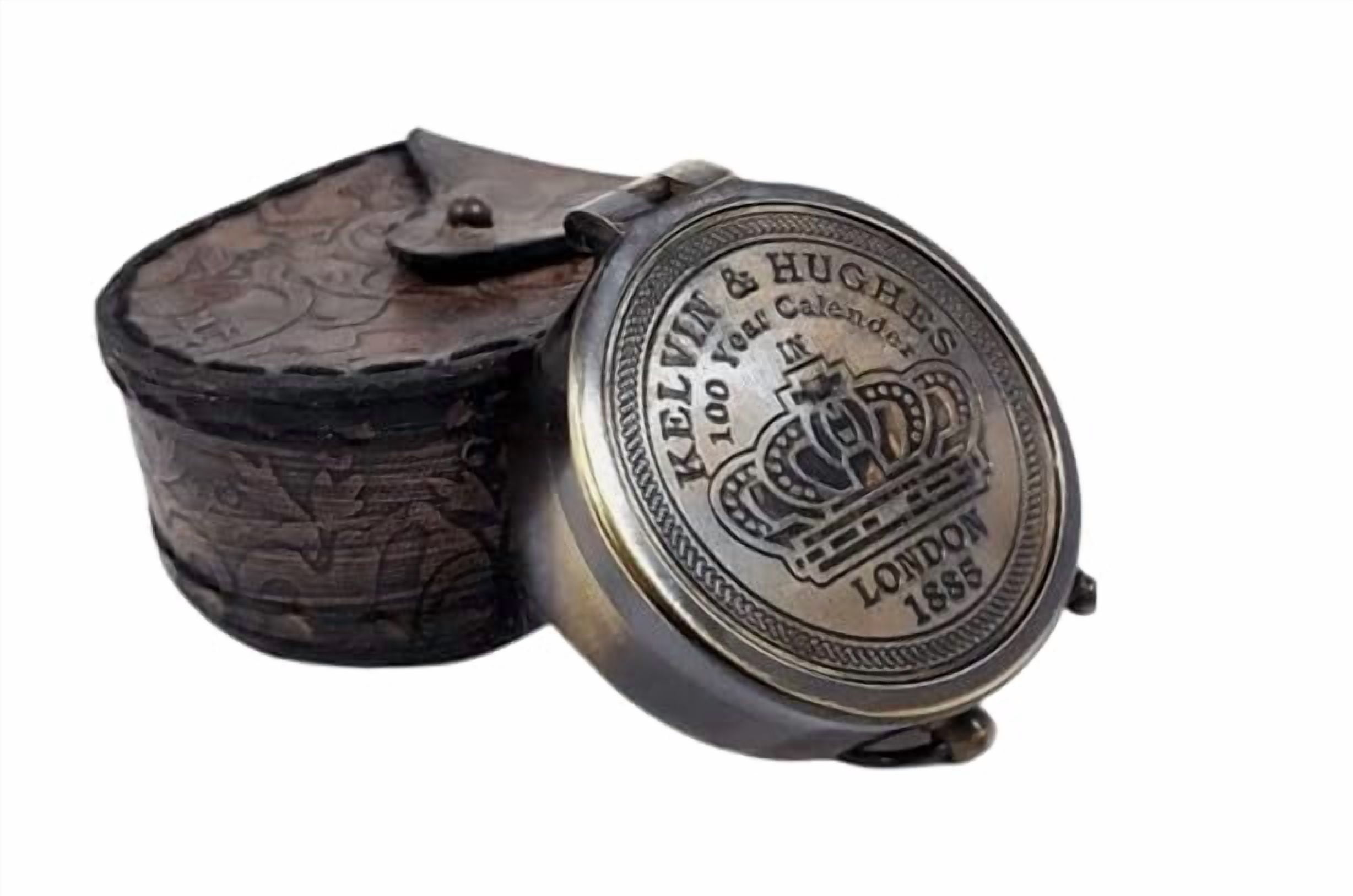 maritime treasures Antique Style Brass Compass with 100-Year Calendar and Leather Case