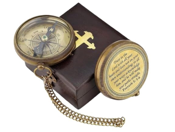 maritime treasures Vintage Brass Pocket Compass with Inspirational Quote | Nautical Antique Compass with Wooden Box for Travel, Decor & Gift
