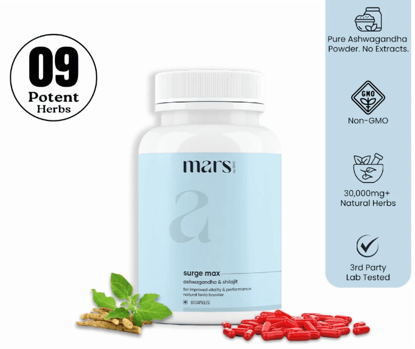 Complément Alimentaire Mars By GHC Surge Max - Shilajit, Ashwagandha - 60 Gélules - Neuf Péremption 01/2026