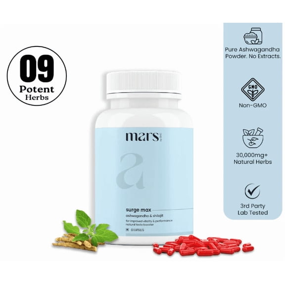 Mars by GHC Surge Max | Contains Shilajit, Ashwagandha, Gokshura, Safed Musli Capsules | Helps Boosttamina | Helps Maintain Overall Health (pack of 1)