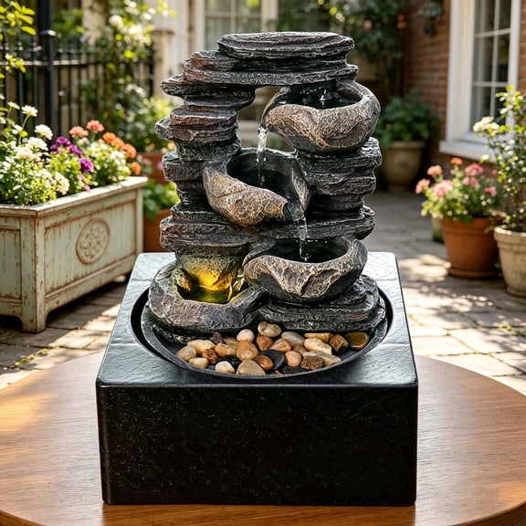 marytumm 4-Tier LED Rockery Waterfall Fountain with River Rocks Zen Outdoor Garden Decor