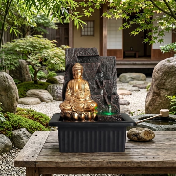 marytumm Zen Buddha Tabletop Fountain with LED Light, USB Powered Indoor Outdoor Desktop Waterfall, Mini Water Feature for Patio, Garden, Home Office Decor