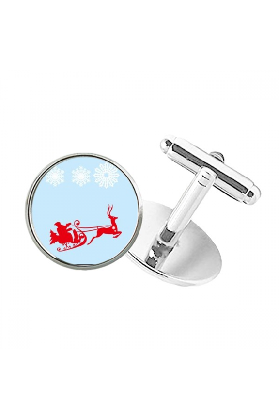 mas Elk Sled Snowflake Pattern Round Button Cuff Clip Stud Cufflinks