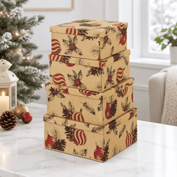 -mas Nesting Gift Boxes With Lids Set Of 4 Retro