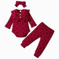 thumbnail image 1 of masbird 3PCS Infant Baby Girls Clothes Set 0 3 6 12 18 24 Months Ruffle Long Sleeve Rompers + Pants + Headband Sets for Kids,Wine,0-3 M, 1 of 6