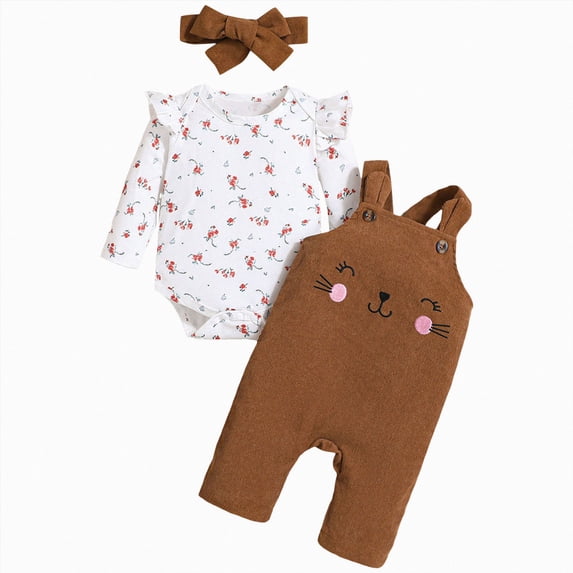 masbird Baby Girl Clothes Newborn Infant Outfits Ruffle Ribbed Romper + Floral Pants + Headband Sets for Girls 3pcs,Brown,3-6 M