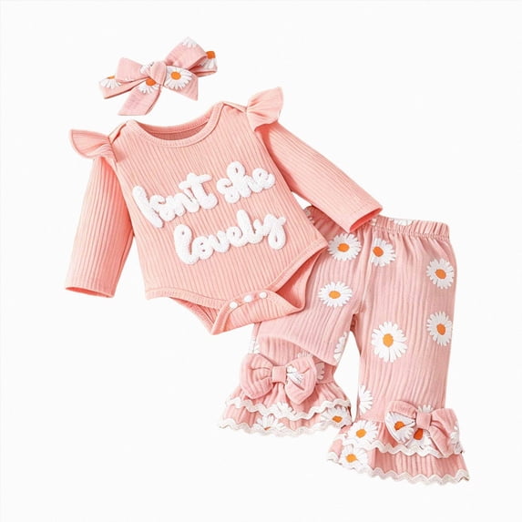 masbird Baby Girl Fall Clothes Rib Knit Ruffle Romper Bell Bottoms Flare Pants Set 3Pcs Infant Cowgirl Outfit,Pink,6-9 M