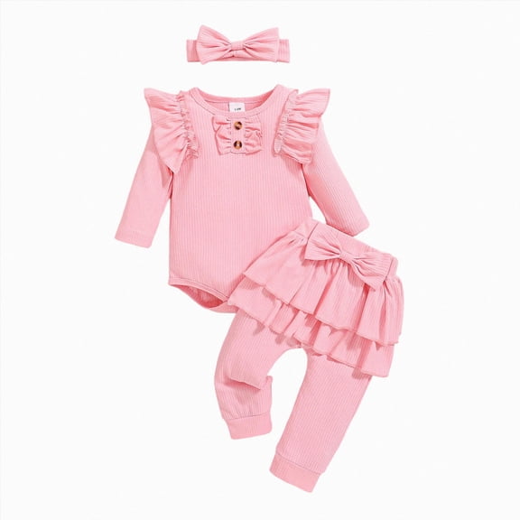 masbird Baby Girl's 3pc Rib Frill Long Sleeve Romper and Pant Set Headband 0 3 6 9 12 18 24 Months,Pink,12-18 M