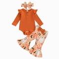 thumbnail image 1 of masbird Newborn Baby Girl Clothes 3pcs Fall Winter Outfits Rib Frill Long Sleeve Romper Daisy Flared Pants Headband Set,Orange,6-12 M, 1 of 5