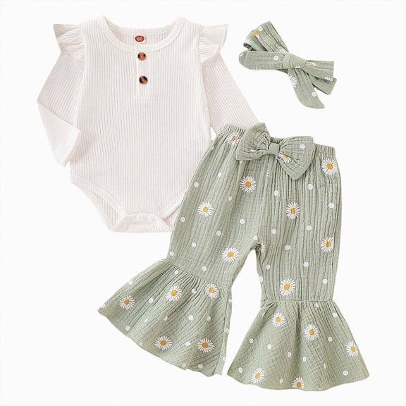 masbird Newborn Baby Girl Clothes 3pcs Infant Rib Frill Long Sleeve Romper Flared Pants Headband Set Fall Winter Outfits,Light Green,18-24 M