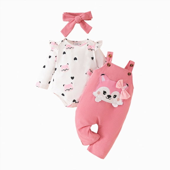 masbird Newborn Baby Girl Clothes Cute Ribbed Romper Floral Pants Headband Infant 3pcs Set Fall Winter Outfits For Girls,Pink,12-18 M