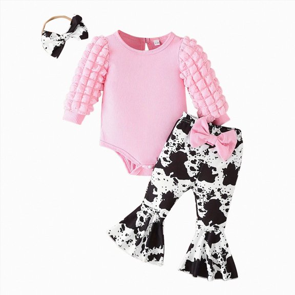 masbird Newborn Baby Girl Clothes Infant Rib Frill Long Sleeve Romper Flared Pants Headband 3pcs Fall Winter Outfits,Pink,1-3 M