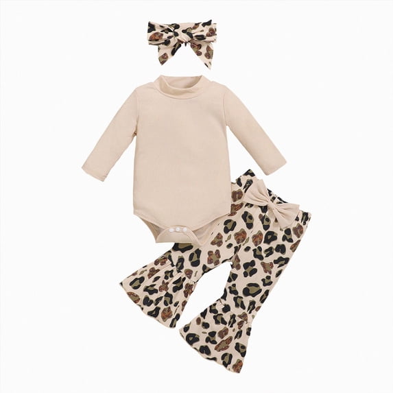 masbird Newborn Baby Girl Clothes Rib Frill Long Sleeve Romper Flared Pants Headband Set 3pcs Fall Winter Outfits,White,9-12 M