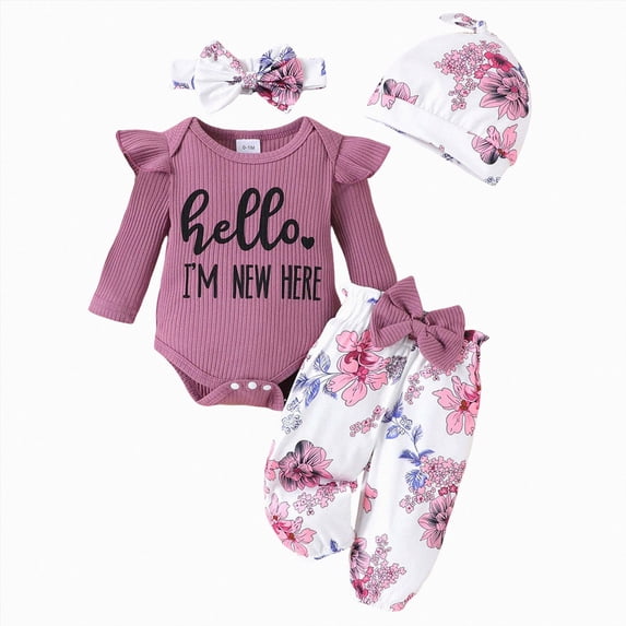 masbird Newborn Baby Girl Clothes Rib Knit Ruffle Romper Flared Pants Set with Headband 3Pcs Fall Winter Outfits,Purple,3-6 M