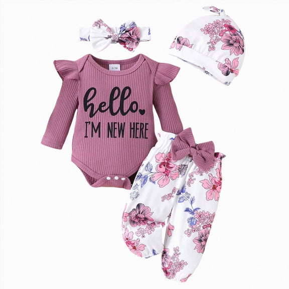 masbird Newborn Baby Girl Clothes Rib Knit Ruffle Romper Flared Pants Set with Headband 3Pcs Fall Winter Outfits,Purple,3-6 M