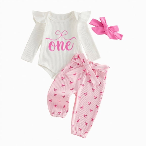 masbird Newborn Baby Girl Clothes Set 3Pcs Long Sleeve Ruffle Romper Bell Bottom Pants Headband Fall Winter Outfits,White,6-12 M