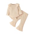 thumbnail image 1 of masbird Newborn Baby Girl Clothes Solid Color Rib Frill Long Sleeve Romper Flared Pants Headband Set 3pcs Fall Winter Outfits 0 3 6 12 18 24 Months(Beige,9-12 M), 1 of 4