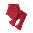thumbnail image 1 of masbird Newborn Baby Girl Clothes Solid Color Rib Frill Long Sleeve Romper Flared Pants Headband Set 3pcs Fall Winter Outfits 0 3 6 12 18 24 Months(Red,18-24 M), 1 of 4