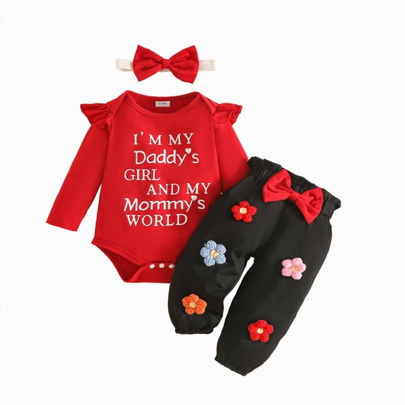 masbird Newborn Baby Girl Fall Outfits Rib Frill Long Sleeve Ruffled Romper Pants Headband Set 3Pcs Winter Clothes,Red,3-6 M