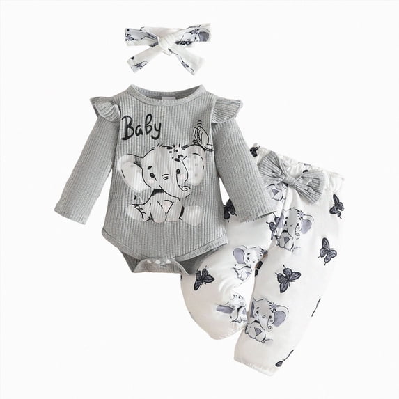 masbird Newborn Baby Girl Fall Winter Outfits Long Sleeve Romper Bell Bottom Pants Headband Clothes Set,Grey,12-18 M