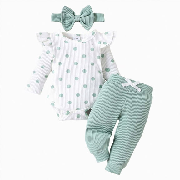masbird Newborn Infant Baby Girl Clothes 3Pcs Ruffle Long Sleeve Romper Pants Headband Set Fall Winter Outfits,Light Green,3-6 M
