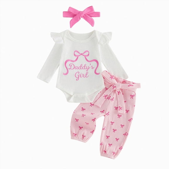 masbird Newborn Infant Baby Girl Clothes Ribbed Long Sleeve Ruffle Romper Long Pants Headband Sets 3Pcs Fall Winter Outfits,White,0-3 M