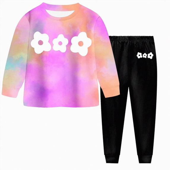 masbird Toddler Little Girls Clothing Set 2 Piece Tie Dye Sports Outfits Kids Long Sleeve Sweatshirt T-Shirt + Sweatpants(Purple,2-3 Y)