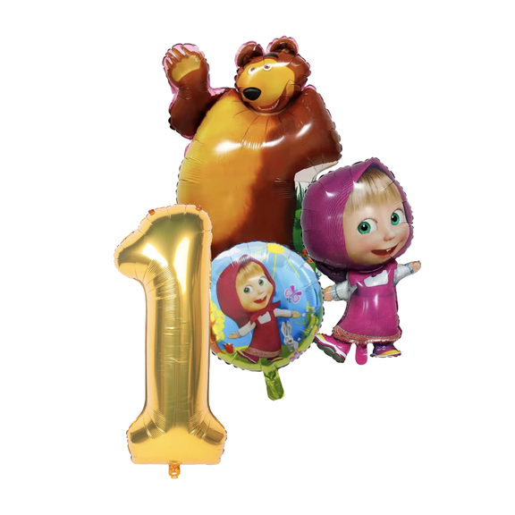 masha bear balloons 4pcbouquet party decor purple/gold toddler 1st year old