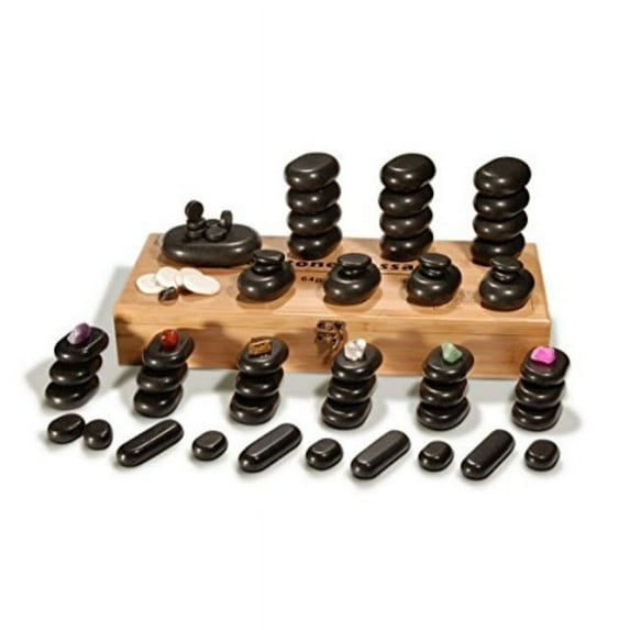Master Massage 70-piece Deluxe Hot Stone Massage Stone Set Kit Package for a Full Body Massage with Black Lava Volcano Basalt Rock, White Marble Cool Cold Stone