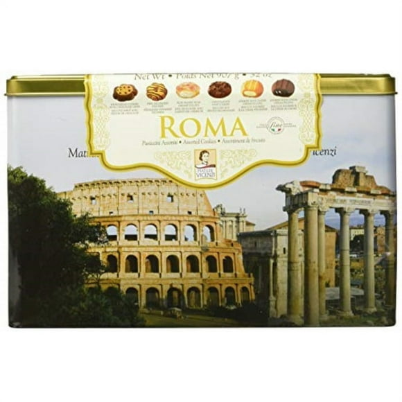 matilde vicenzi roma, assortment of patisseries, pastries and cookies, made in italy (32 oz tin)