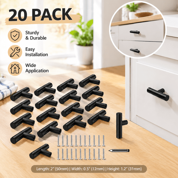 20 Pack Matte Black Stainless Steel T-Bar Cabinet Knobs, Single-Hole Drawer Pulls for Kitchen, Bathroom and Furniture, 1.97 Inch Key Item Features