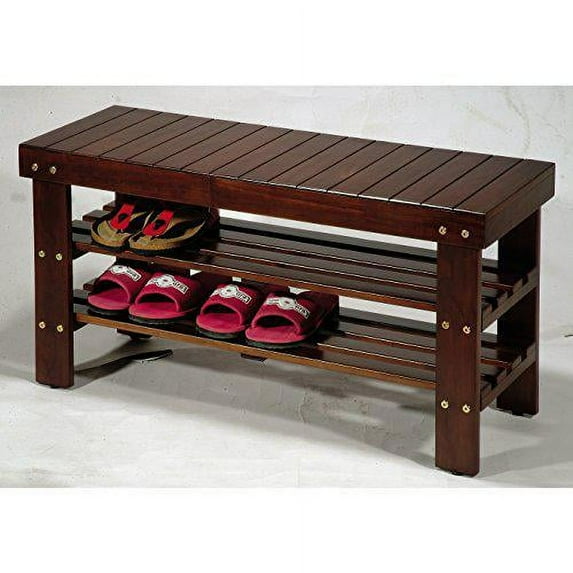 matts global farmhouse style waggoner solid wood shoe bench (cherry finish)
