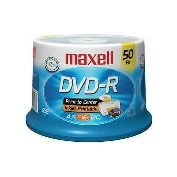 Maxell Printable Spindle Rewritable DVD Disc, 4.7 GB, 120 min, 16X, White Matte, Pack of 50