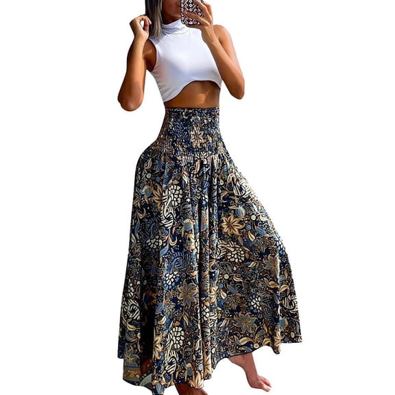 maxi skirts for women Casual Loose Boho Elastic Waist A-Line Beach Swing Vacation Floral Printing Long Skirt