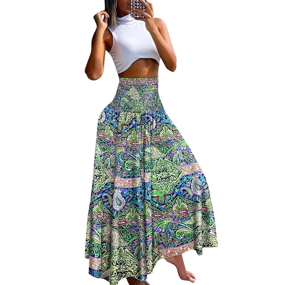 maxi skirts for women Casual Loose Boho Elastic Waist A-Line Beach Swing Vacation Floral Printing Long Skirt