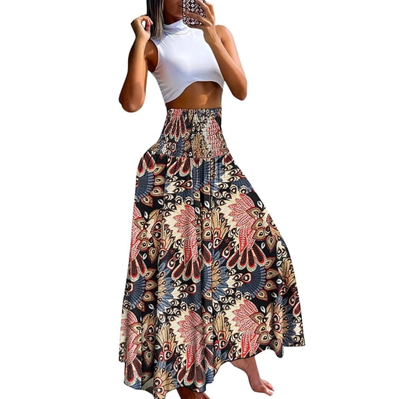 maxi skirts for women Casual Loose Boho Elastic Waist A-Line Beach Swing Vacation Floral Printing Long Skirt