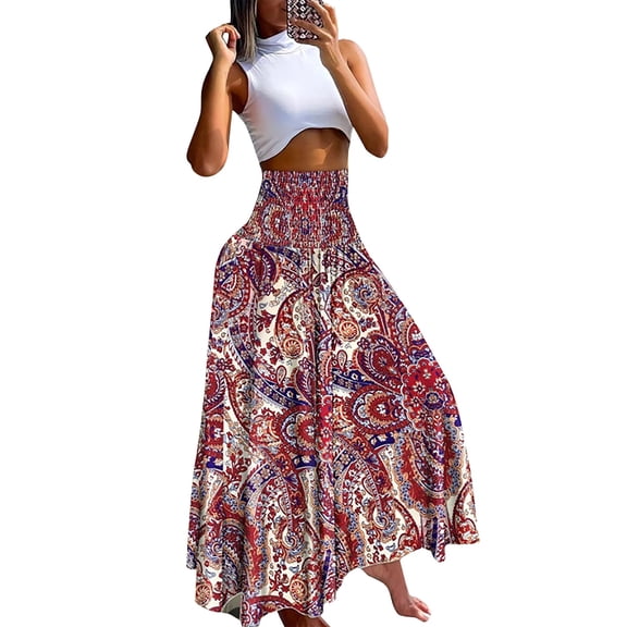 maxi skirts for women Casual Loose Boho Elastic Waist A-Line Beach Swing Vacation Floral Printing Long Skirt