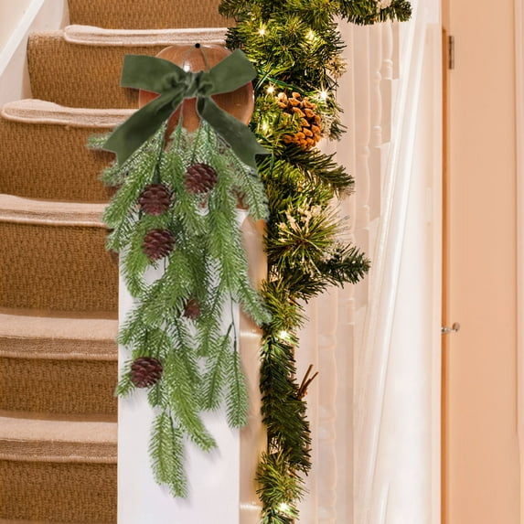 maxiaoxia 1 Pack 27.8" Christmas Teardrop Swag, Rustic Pine Needles Swag with Velvet Bow and Pinecone, Artificial Christmas Door Swags for Front Door Wall Stairs Fireplace
