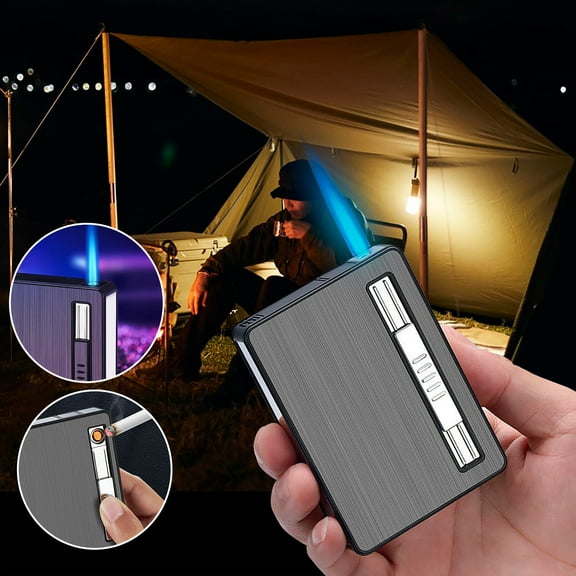maxiaoxia Case With Built-in Lighter Windproof Refillable Butane Torch Lighter Automatic Ejection Case Dispenser Box for Camping Candle BBQ Hiking