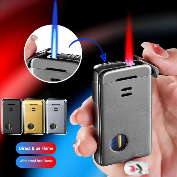 maxiaoxia Double Double Flame Metal Inflatable Transparent Visible Gas Windproof Lighter Cigar Lighter Gift For Father's Day Birthday