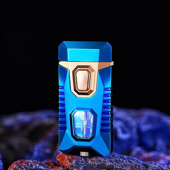 maxiaoxia Flame Lighter With 5 Flints Blue Visible Compartment Windproof Butane Gas Lighter Adjustable Soft Flame And Flame 2-in-1 Refillable Butane Lighte Cigar Lighter For Father's Day Birthday
