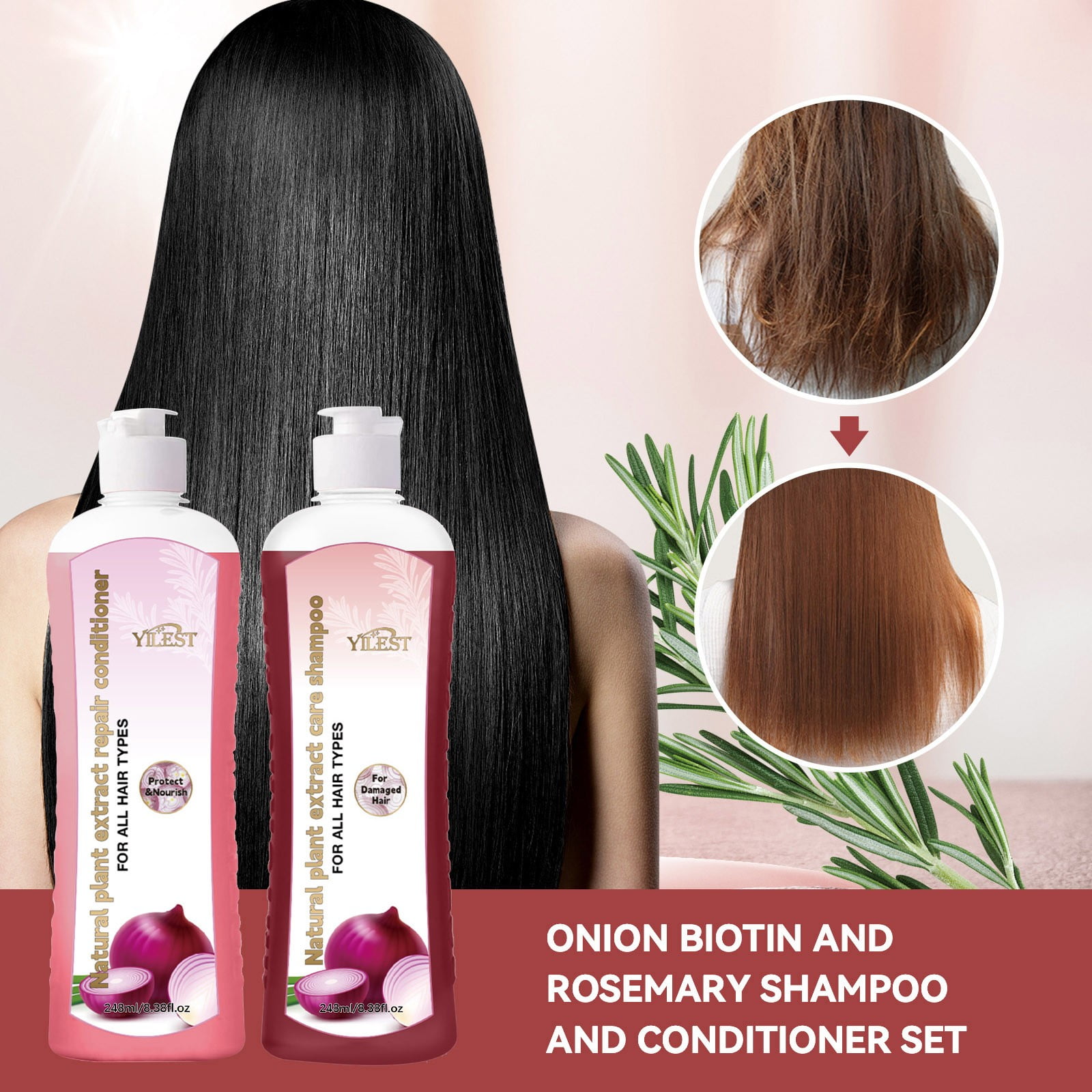maxiaoxia Onion Biotin and Rosemary Shampoo and Treatment Set 248ml/Bottle, Shampoo and Conditioner Hair Care for All Hair Types, Moisturizes and Restores