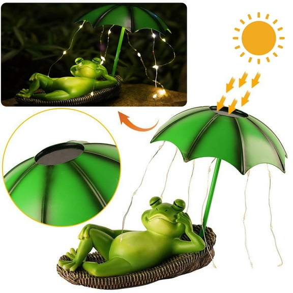 maxiaoxia Solar Frog Garden Statue Outdoor Decor, 7" H Frogs Umbrella Waterproof Sculpture with Fairy Lights, for Pond Patio Yard Decoration