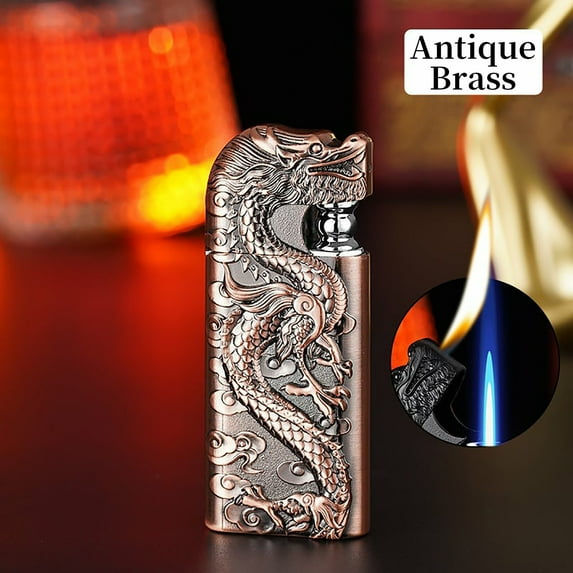 maxiaoxia Windproof Double Flame Inflatable Lighter Double Fire Direct Conversion Open Flame Inflatable Lighter Metal Three-dimensional Relief Dragon Men's Lighter for Camping Candle BBQ Hiking