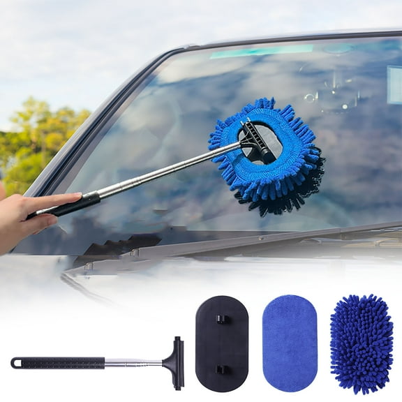 maxiaoxia Windshield Cleaning Tool with Microfiber Window Cleaner, Windshield Cleaning Wand Auto Window Cleaner, Extendable Automotive Rearview Mirror Wipers Kit with Scraper and Cloth Cover