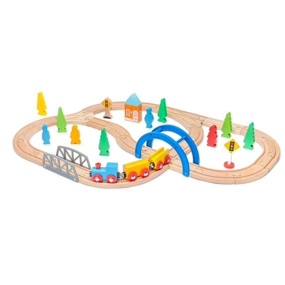 maxim enterprise, inc. 40 Pc Toy Train Set with Wooden Tracks and Cars, Straight and Curved Train Track Pieces, Railway Accessories Compatible with Thomas and Friends, Brio, and Other Major Brand
