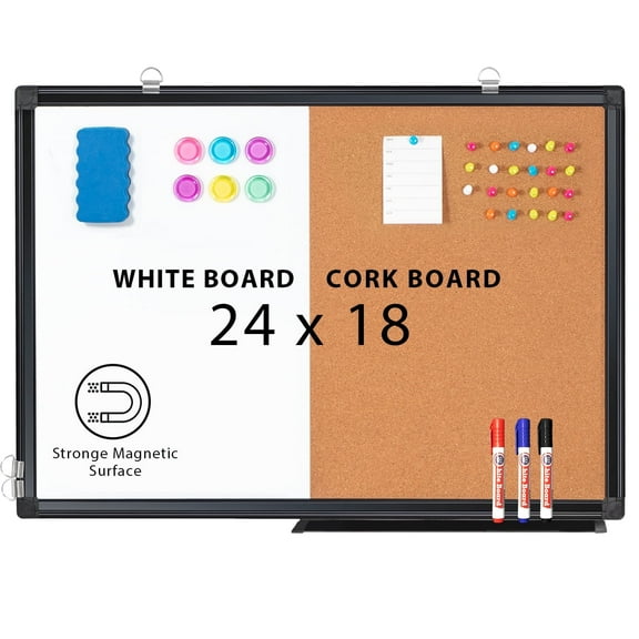 Combination White Board & Bulletin Cork Board Whiteboard Magnetic, Combo Dry Erase Board with Aluminum Frame Hanging Message Board Wall Mounted (24x18inch Black)