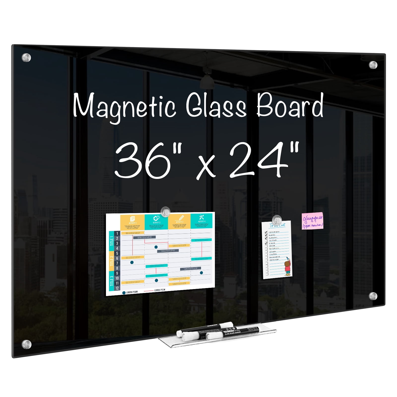 Maxtek Magnetic Glass Dry Erase White Board, 36" x 24" Black Glass Board for Wall Mounted for Classroom Home, Office Supplies