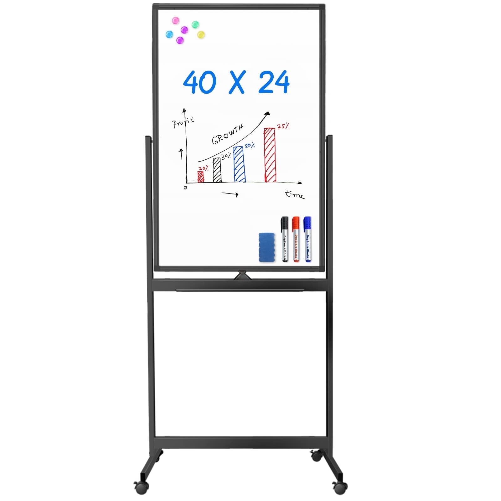 Magnetic Mobile White Board, 40 x 24 Maxtek Double Sided Dry Erase Board Rolling Whiteboard, Aluminum Frame Standing Whiteboard on Wheels for Home Office Classroom (40 x 24 Black)